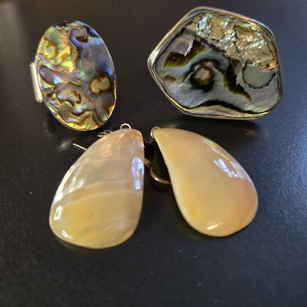 Abalone Shell Rings (2) Mother of Pearl Teardrop Earrings Statement Jewelry Lot